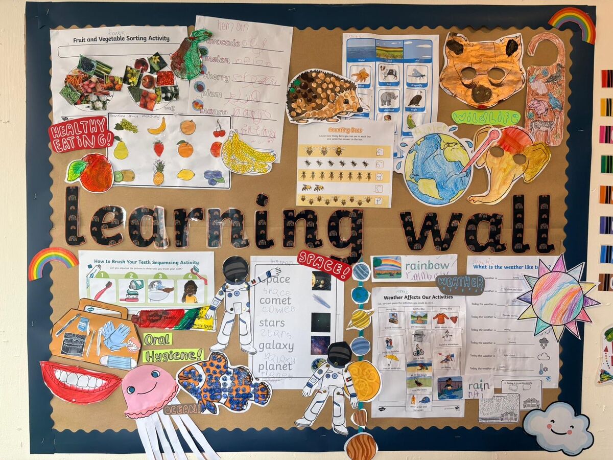 The learning wall, with healthy eating, space and weather displays